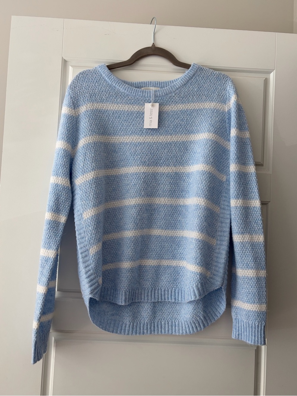Mia and Tess Cozy Striped Boatneck Sweater - Light Blue & White